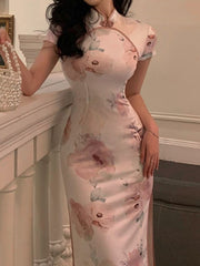 Women's 2023 Summer New Elegant Cheongsam Midi Dress Chinese Style Fashion Ladies Robe 4y20