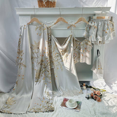 Simple five-piece home wear set, printed cherry pajamas for women, thin nightgown, suspenders, shorts, suspender skirt set