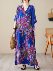 Women's ethnic style printed dress summer V-neck cotton silk large size loose literary holiday style beach skirt retro meat-covering long robe