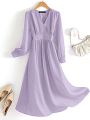 ZANZEA Women Elegant Mid-calf Solid Dress Spring Autumn V Neck Long Sleeve A-line High Waist Elegant Vestidos Korean Style