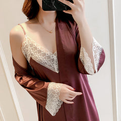 Spring and autumn silk nightgown suit, lace suspenders, nightdress, bathrobe, summer women's nightgown, home wear