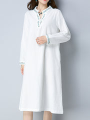 Ladies ethnic style large size retro long-sleeved cotton and linen literary dress linen mid-length dress robe girl