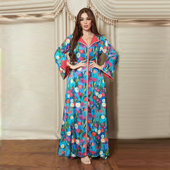 Summer Arabian Dubai Printed Dress Muslim Dress Soft Satin Stitching Bright Fashion Jalabia Robe