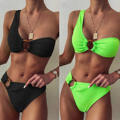 Summer New Hoop Fluorescent Green Split Swimsuit Hot Sale Bikini Ladies Swimwear Low Waist Half Sleeve