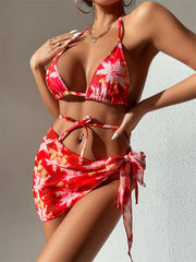 Maple Leaf Print Bikini Three-Piece Set