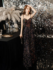 رائجة البيع جديد أسود الترتر ضوء فستان فاخر نسيج حفلة عيد ميلاد فستان طالب الحمالة فستان الإناث مقطع طويل