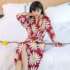 Coral fleece nightgown women's autumn and winter thickened mid-length flannel pajamas nightdress two-piece set warm bathrobe