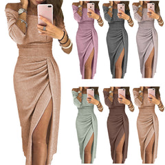 Women's bag hip slit one-neck dress shiny dress dress dinner dress