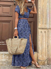 Fitted Boho Wrap Maxi Dress Holiday Beach High Slit Retro Sexy Women Dress Printed Tank Top