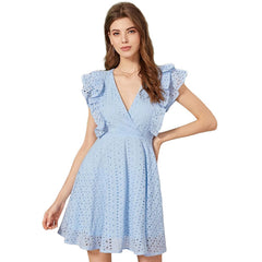 v-neck dress with empty lotus leaf sleeves mid-length waist slim women's