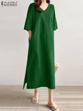 ZANZEA Fashion Summer V Neck Half Sleeve Dress Women Elegant Solid Midi Sundress Casual Loose Split Hem Party Vestido Robe Femme