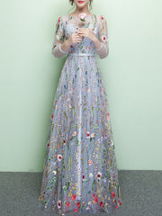 Ladies Long Round Neck Embroidered Flowers Banquet Evening Dress Fashion Party Dress Long Sleeve Dress