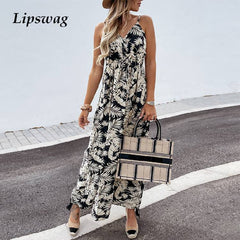 فستان بوهو زهري عتيق بدون أكمام أنيق للنساء للصيف بدون أكتاف وفتحة رقبة على شكل V فساتين شاطئ كاجوال للسيدات فستان طويل بدون أكمام