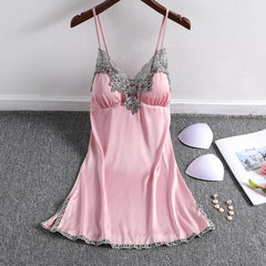 Summer new sexy ice silk suspenders nightdress with chest pad pajamas ladies silk home clothes Korean version girlfriends