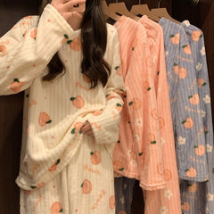 Coral velvet pajamas for women winter sweet cute long sleeve velvet thickened spring and autumn Flannel housewear suit
