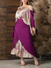 Purple Panel Print Satin Apron Dress