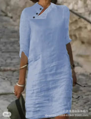 2023 Amazon independent station spring and summer new casual stand collar button cotton linen solid color mid-sleeved dress