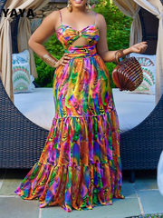 Elegant Women Spaghetti Strap Cutout Waist High Waist Big Fit and Flare Maxi Long Dress 2022 Beach Sexy Boho Dress