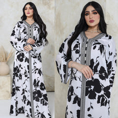 New Black and White Printed Dress Fashion Hot Selling Lace Casual Dress Abaya Robe