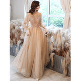 Best-selling new champagne evening dress 2023 new summer long-sleeved birthday banquet temperament host bridesmaid dress annual meeting dress