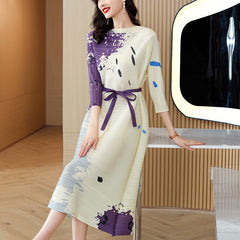 Miyake pleated dress 2022 autumn new large size loose printing fashion temperament one word tie skirt