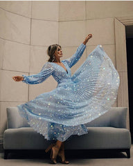 حار بيع السلع بقعة نمط جديد للمرأة التجارة الخارجية شعبية الخامس الرقبة فستان طويل الأكمام الترويج