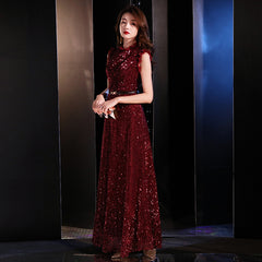 Ladies Small High Neck Fashion Party Dress Sequined Party Evening Dress Crimson Sleeveless Dress Dress
