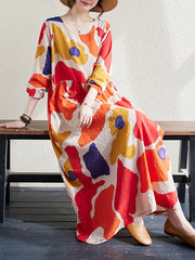 Autumn new middle-aged and elderly mother's wear ethnic style round neck long-sleeved abstract print dress for women