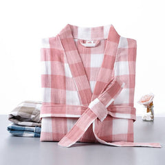 Summer Autumn New 100% Cotton Robes Double deck Gauze Plaid Kimono Nightgown Big Size Home Bathrobe Dressing Gown Robes