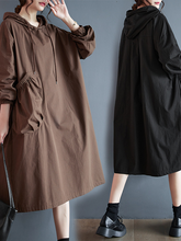 Plus size women's 2023 autumn and winter new hooded simple pullover solid color pockets big dress