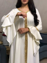 Muslim new lotus leaf sleeve gold ribbon lace long dress jalabiya robe