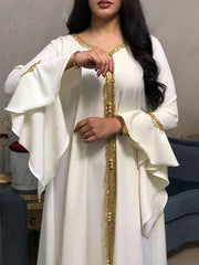 Muslim new lotus leaf sleeve gold ribbon lace long dress jalabiya robe