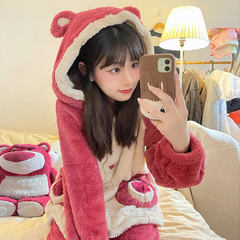 Plush strawberry bear pajamas for women new autumn and winter thickened plus velvet couple hooded cardigan home wear set