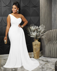 European and American tight-fitting private clothes celebrity women's clothing slanted shoulders mermaid skirt evening dress