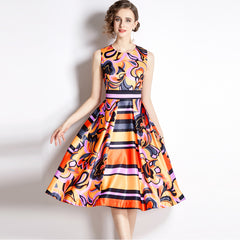 فستان ريترو بخصر تنحيف بدون أكمام مطبوع متوسط الطول