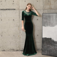 Ladies mermaid dress round neck solid color five-point sleeve evening dress