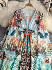 Retro elegant slit flared long-sleeved V-neck waist print dress