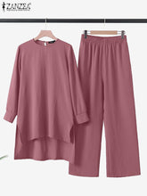 ZANZEA Women Solid Sets O-Neck Long Sleeve Blouses Ankle Length Bottoms Casual Loose Fashion Suits Ladies Daily Blouses+Trousers Plus Size