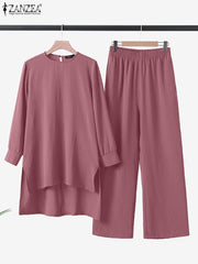 ZANZEA Women Solid Sets O-Neck Long Sleeve Blouses Ankle Length Bottoms Casual Loose Fashion Suits Ladies Daily Blouses+Trousers Plus Size