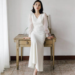 French light wedding dress super simple white satin bride go out gauze V-neck long-sleeved party daily dress female