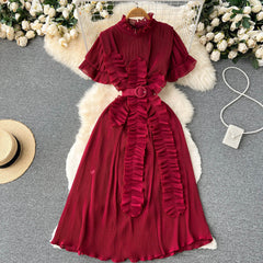 Frosty wind niche design feeling ruffled short-sleeved dress summer female seaside vacation waist beautiful long skirt