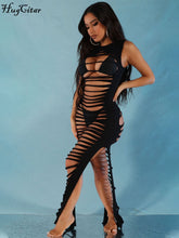 Hugcitar الصلبة الجوف خارج انظر من خلال أكمام كاشفة فستان ماكسي مثير Bodycon 2022 الصيف ملابس النساء الموضة بحر