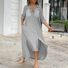 ZANZEA ladies European and American style sequin design temperament lapel long sleeves irregular hem and ankle skirt fashion trend elegant shirt skirt loose spring and autumn daily casual bohemian vacation style shirt dress large size