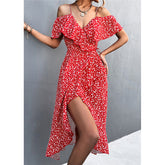 Women's spring and summer sexy suspender dress women's ruffled off-the-shoulder casual party skirt elegant printed beach skirt