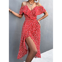 Women's spring and summer sexy suspender dress women's ruffled off-the-shoulder casual party skirt elegant printed beach skirt
