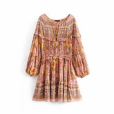 فستان نسائي قصير من Happie Queens مطبوع عليه زهور بأربطة وشرابة للشاطئ بوهيمي فستان قصير للسيدات بياقة على شكل V وكشكشة صيفي بوهو فستان فيستيدوس