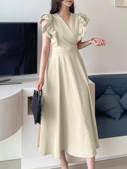 ZANZEA Women Elegant Dresses Solid V-Neck Ruffle Sleeve Short Sleeve High Waist Double Layer Ruffles Mid-Calf Length Dress Fitting Ladies Vestido