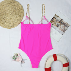 One-piece swimsuit women's chain shoulder strap sexy solid color women's swimsuit women