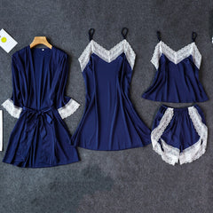 Pajamas Sexy Four-piece Suit Simulation Silk Suspender Nightgown with Chest Pad Ladies Can Wear Nightdress