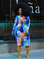 European and American printed tight wrap hip front and back double wear plus size women's dress